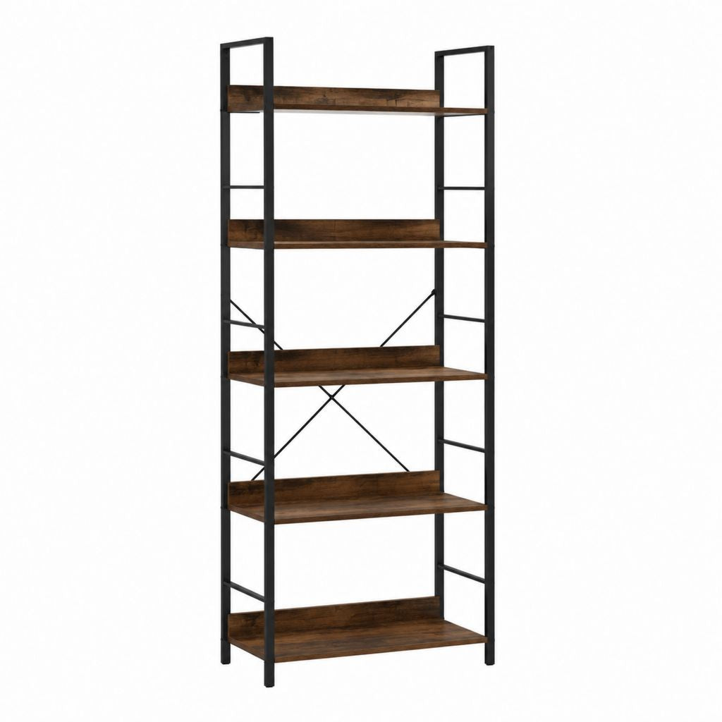 Bibliothèque étagère 5 niveaux marron foncé et noir en panneaux de particules et acier 60 x 30 x 180 cm