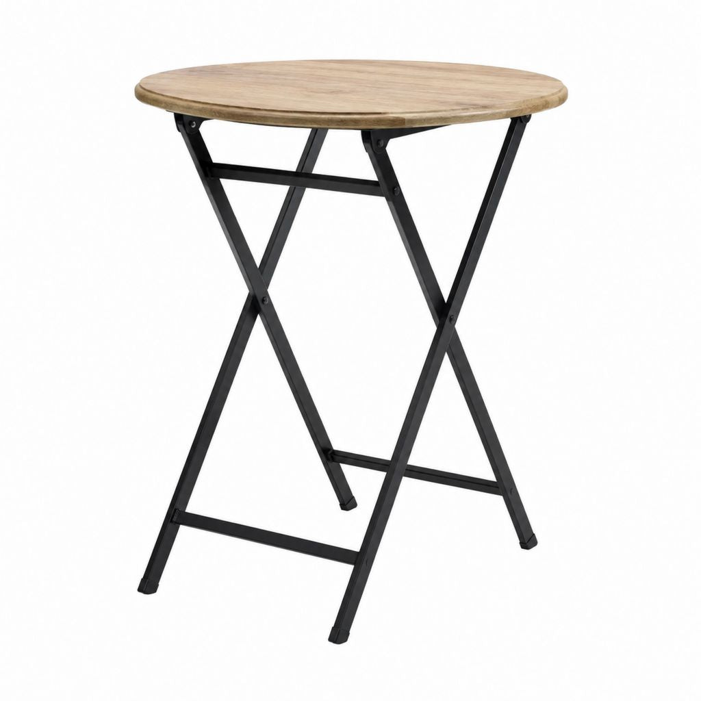 Table de jardin pliante ronde beige en bois d'acacia et acier noir Ø 60 x H 74 cm