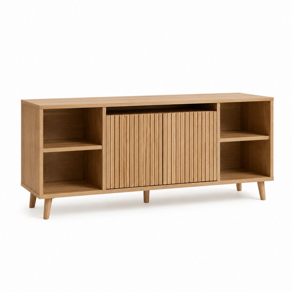 Meuble TV en MDF plaqué chêne naturel avec porte coulissante 160 x 40 x 75 cm