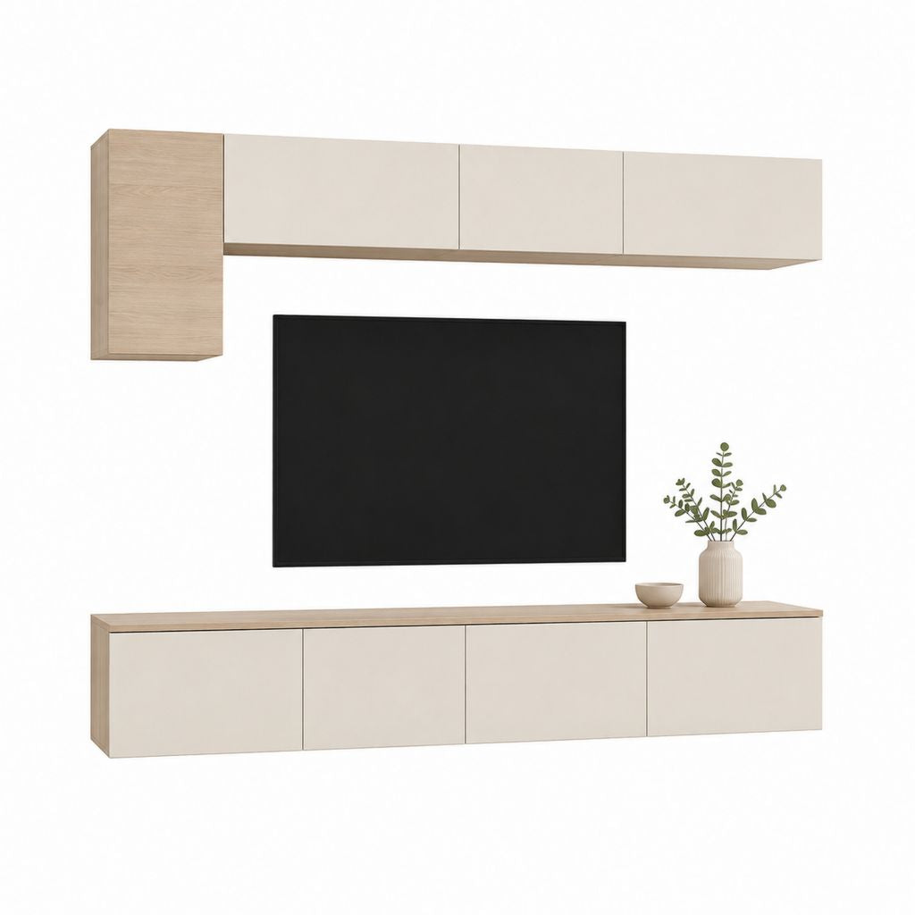 Ensemble meuble TV mural rectangulaire beige et chêne clair en panneaux de particules mélaminés 240 x 40 x 200 cm