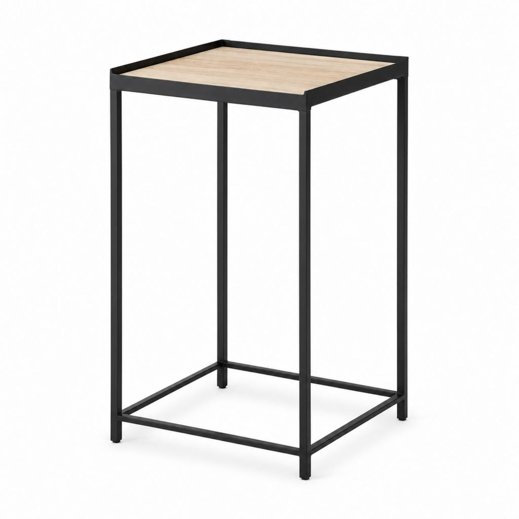 Table haute de jardin carrée noire et chêne clair en acier thermolaqué 60 x 60 x 110 cm
