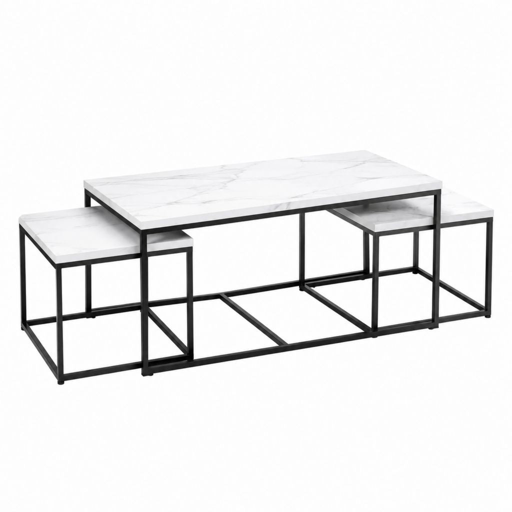Lot de 3 tables basses gigognes rectangulaires blanc effet marbre et acier noir 100 x 50 x 45 cm