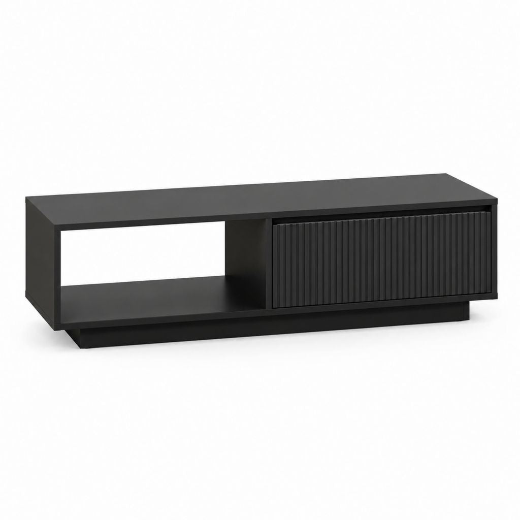 Meuble TV rectangulaire noir en panneaux MDF mélaminés 160 x 40 x 45 cm avec porte coulissante et niche ouverte