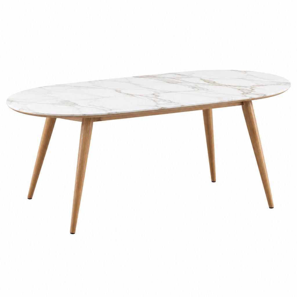 Table basse ovale blanche effet marbre avec pieds en bois massif 120 x 60 x 45 cm