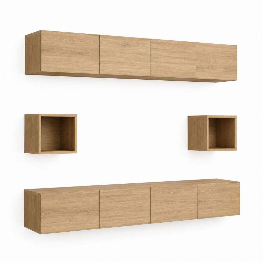 Ensemble meuble TV mural 6 pièces chêne clair en panneaux MDF mélaminés 240 x 35 x 40 cm