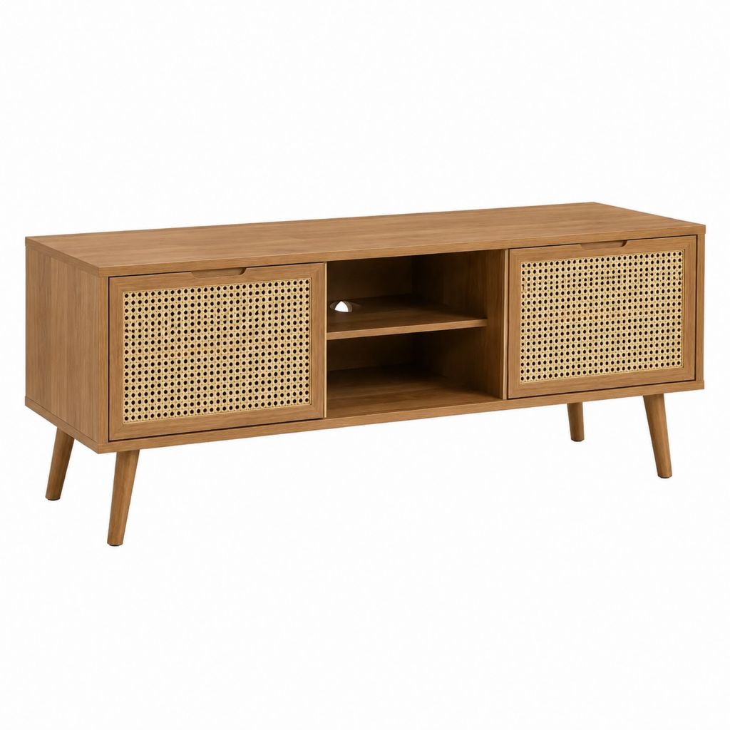 Meuble TV 2 portes brun en bois d'hévéa massif et cannage de rotin 120 x 40 x 55 cm