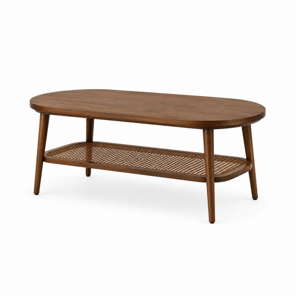 Table basse avec étagère en cannage brun bois d'hévéa ovale 120 x 60 x 45 cm