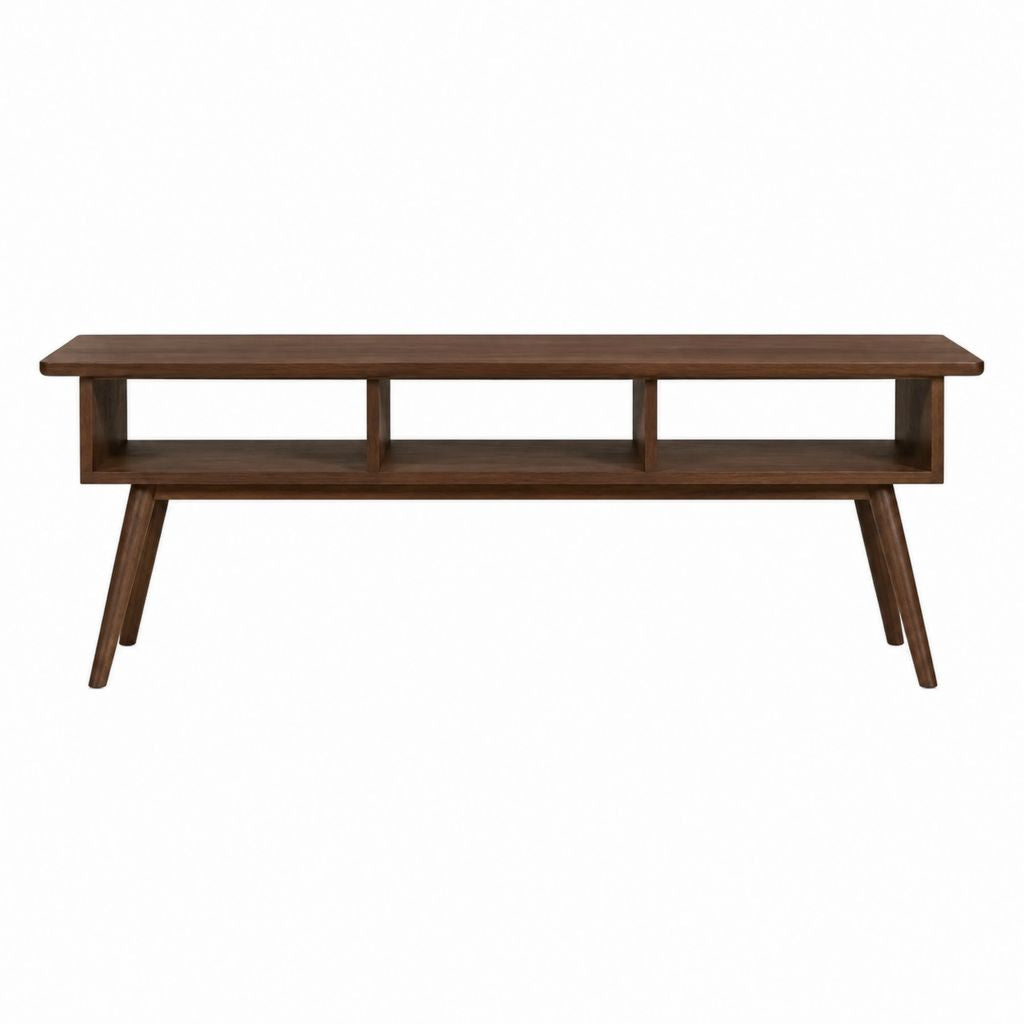 Meuble TV en bois d'hévéa massif noyer rectangulaire avec 3 niches 150 x 40 x 55 cm