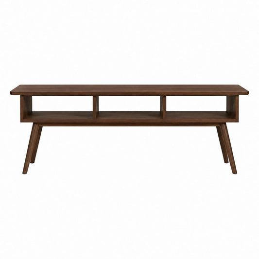 Meuble TV en bois d'hévéa massif noyer rectangulaire avec 3 niches 150 x 40 x 55 cm