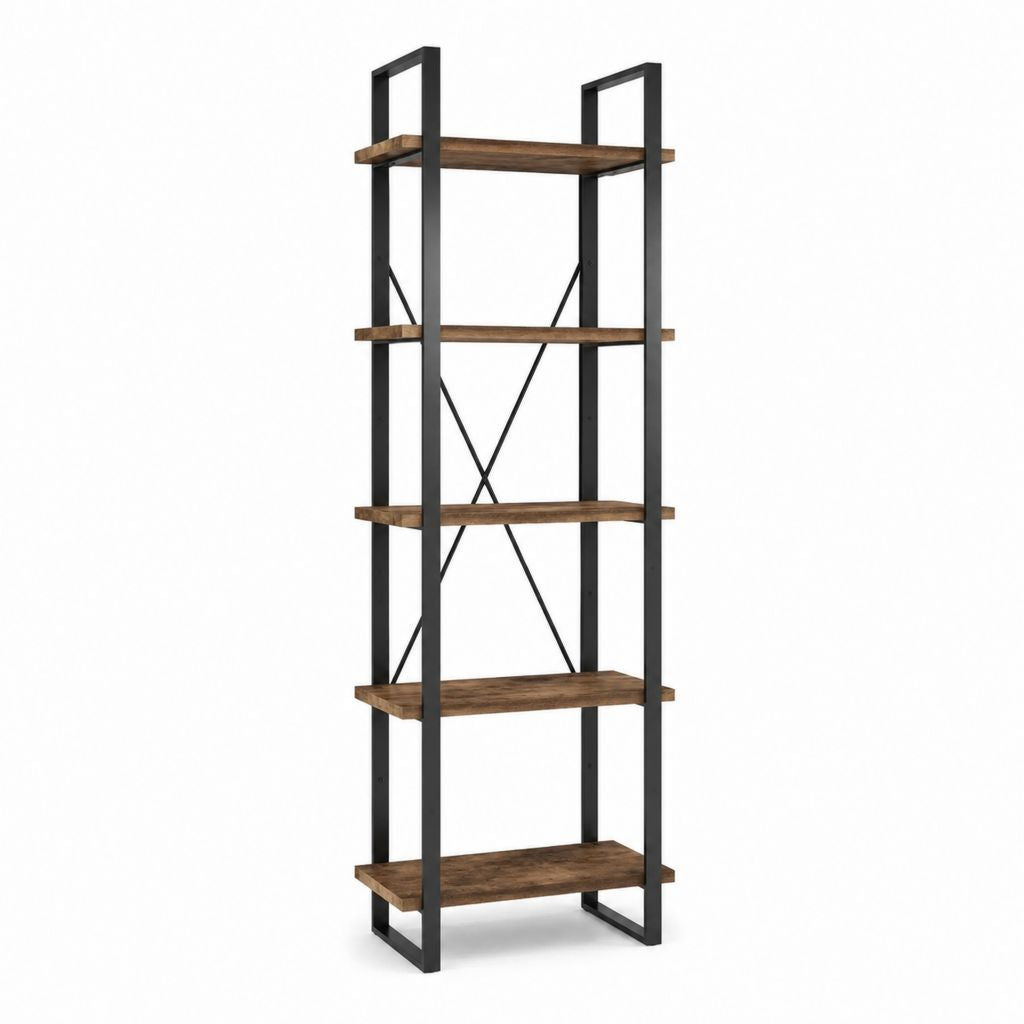 Bibliothèque étagère industrielle marron et noir en panneaux de particules et acier 80 x 30 x 180 cm