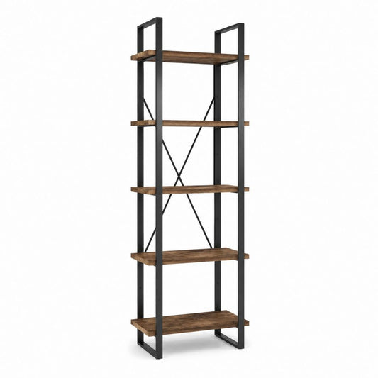 Bibliothèque étagère industrielle marron et noir en panneaux de particules et acier 80 x 30 x 180 cm