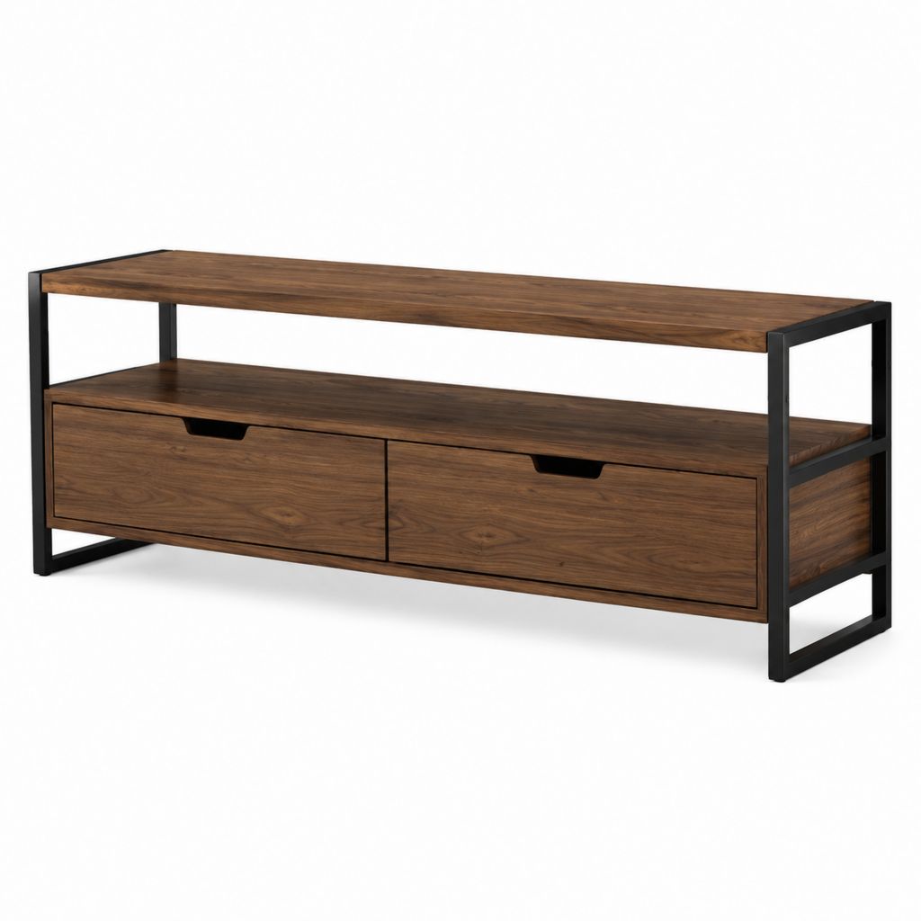 Meuble TV avec rangement noyer et acier noir 180 x 40 x 60 cm