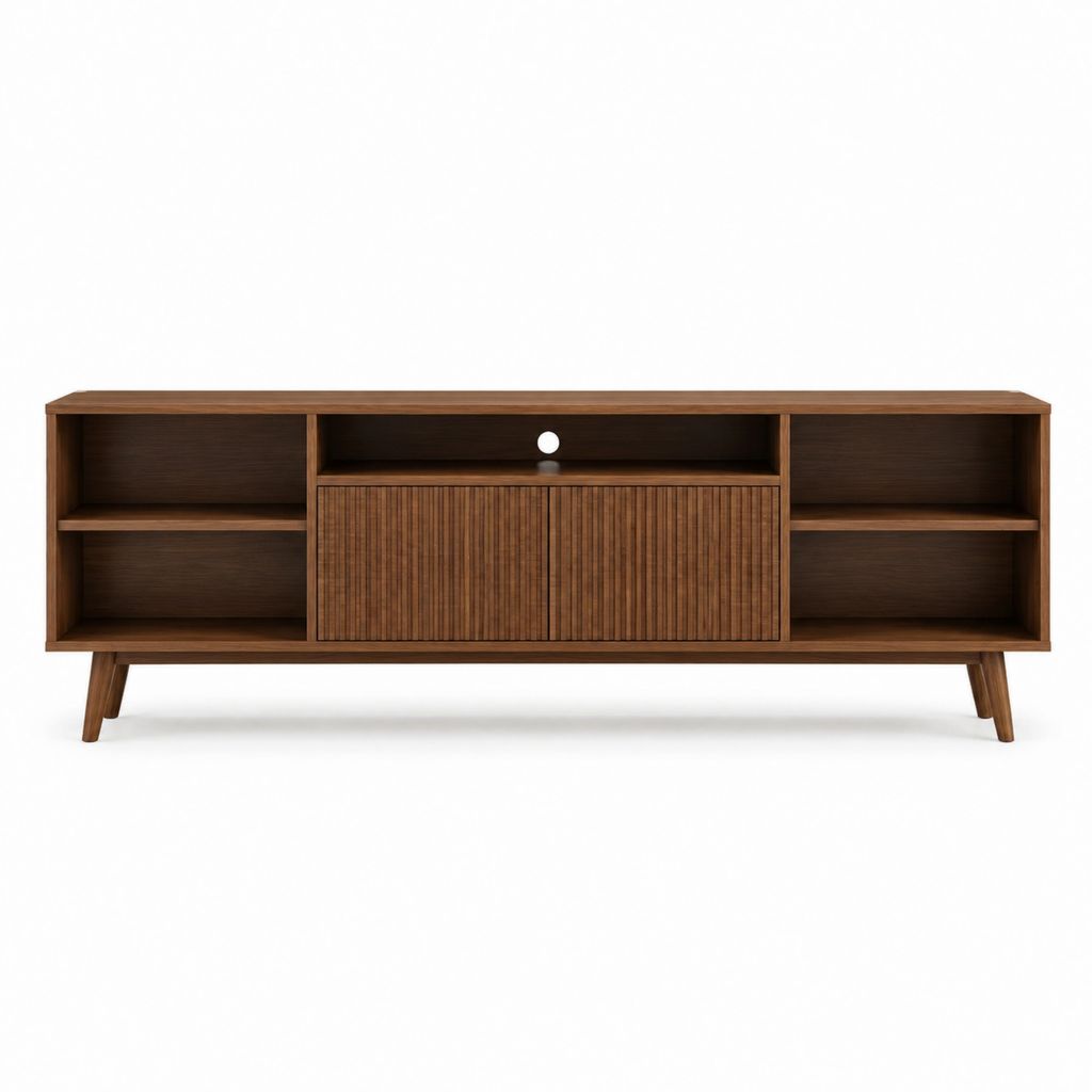 Meuble TV 180 cm noyer en MDF plaqué bois avec rangement et passe-câbles