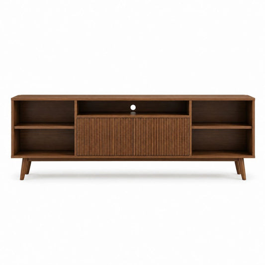 Meuble TV 180 cm noyer en MDF plaqué bois avec rangement et passe-câbles