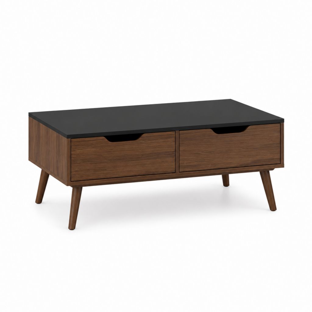 Table basse rectangulaire 2 tiroirs noyer et noir en MDF plaqué 100 x 50 x 45 cm