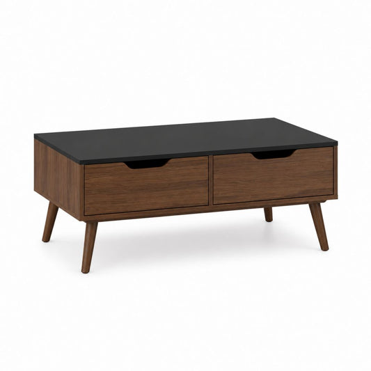 Table basse rectangulaire 2 tiroirs noyer et noir en MDF plaqué 100 x 50 x 45 cm