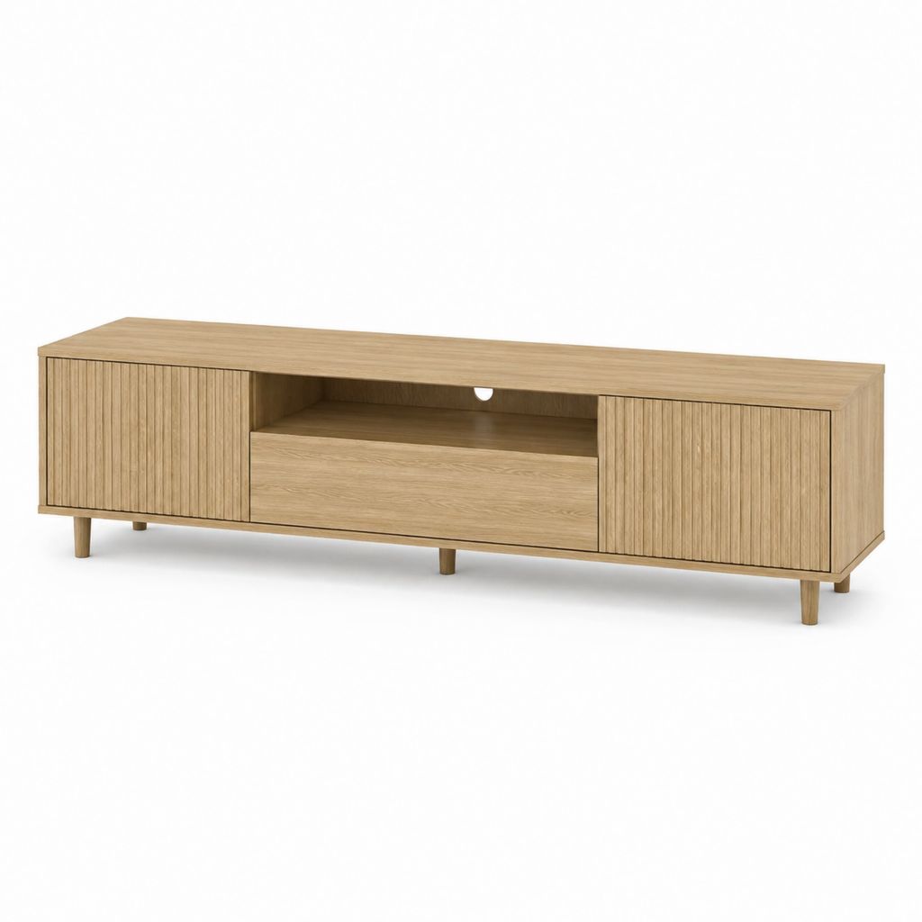 Meuble TV chêne clair en panneaux dérivés de bois avec portes rainurées 180 x 40 x 55 cm