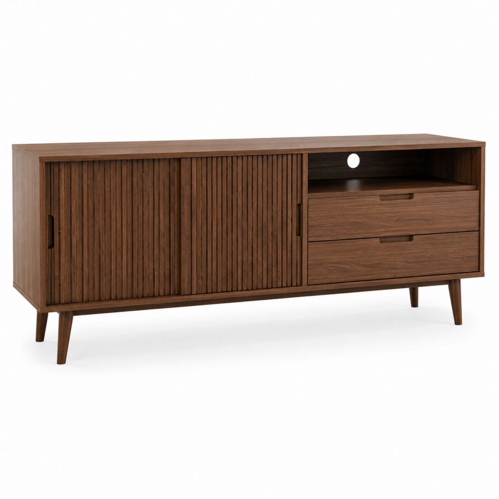 Meuble TV en panneaux MDF plaqués noyer brun rectangulaire avec 2 portes coulissantes 2 tiroirs et niche 160 x 40 x 75 cm
