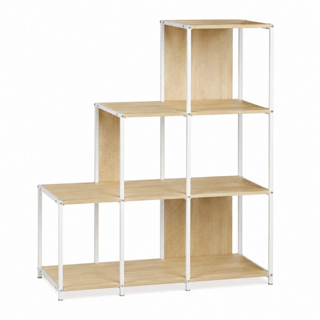 Étagère escalier 6 cases chêne clair et acier blanc 120 x 30 x 120 cm
