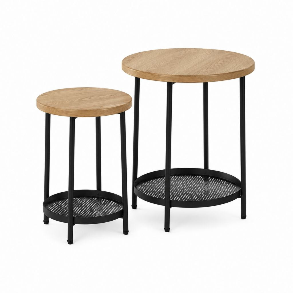 Lot de 2 tables basses gigognes rondes chêne clair et acier noir Ø40 x H50 cm et Ø50 x H60 cm