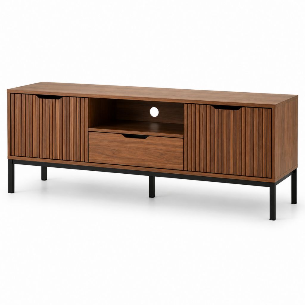 Meuble TV avec rangement noyer en panneaux MDF rectangulaire 160 x 40 x 60 cm pieds en acier noir