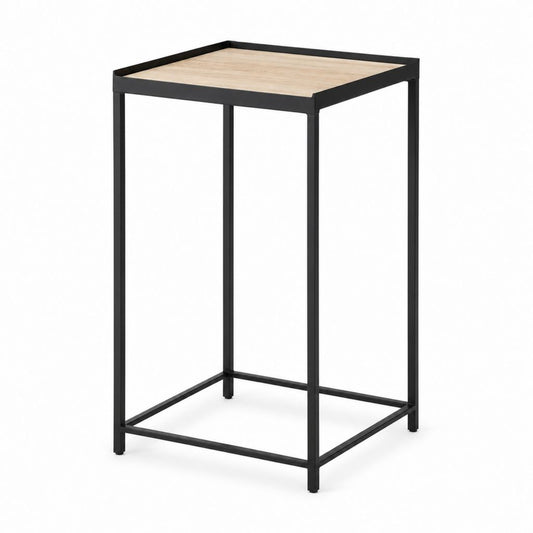 Table haute de jardin carrée noire et chêne clair en acier thermolaqué 60 x 60 x 110 cm