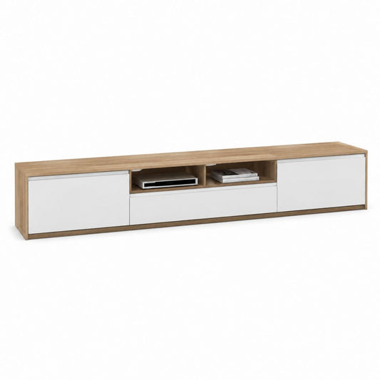 Meuble TV bas 200 cm blanc et chêne en panneaux de particules mélaminés avec 2 portes et 2 tiroirs