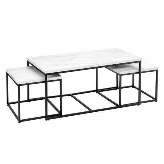 Lot de 3 tables basses gigognes rectangulaires blanc effet marbre et acier noir 100 x 50 x 45 cm