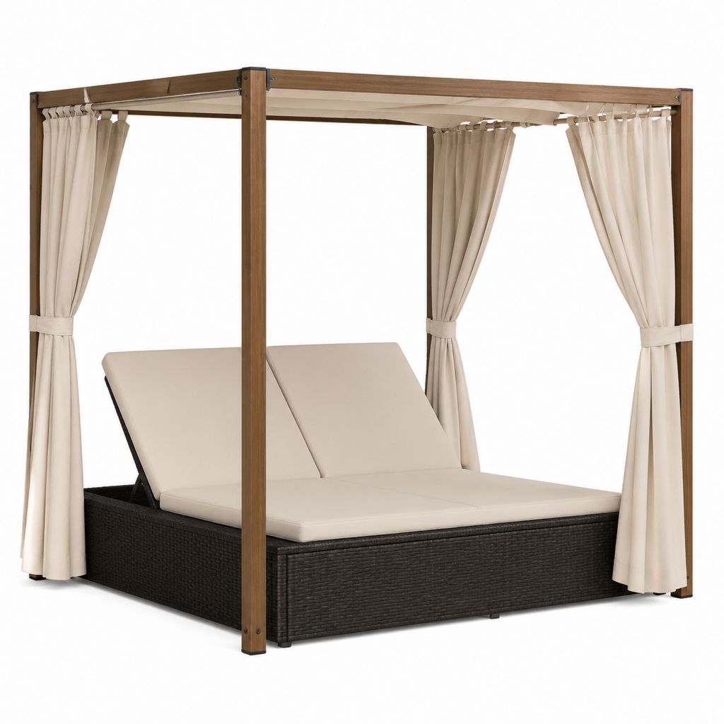 Bain de soleil double à baldaquin marron beige en acacia résine PE et polyester rectangulaire 200 x 200 x 200 cm