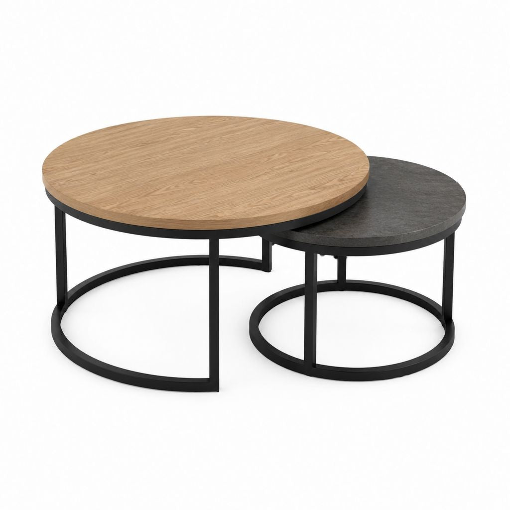 Lot de 2 tables basses gigognes rondes chêne clair et gris anthracite en MDF avec structure acier 80 x 80 x 45 cm et 60 x 60 x 38 cm