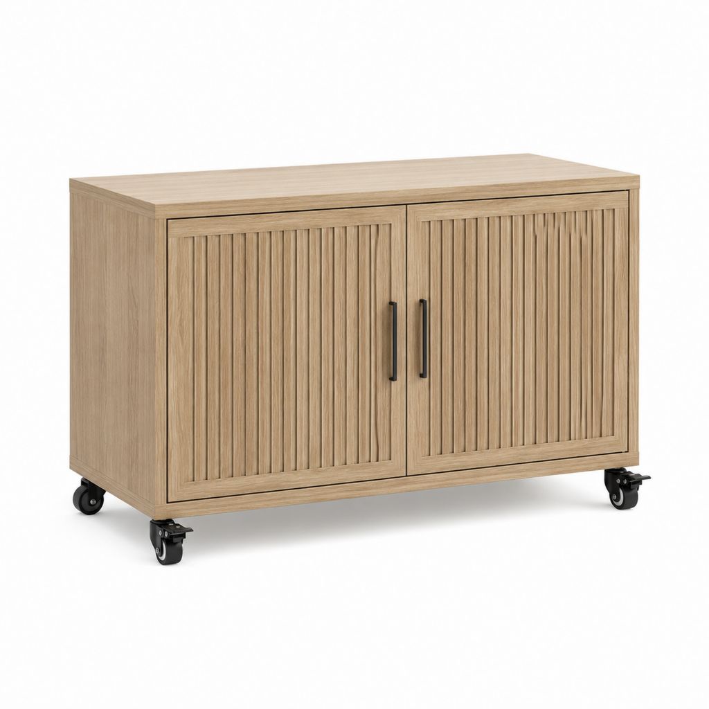 Meuble TV à roulettes chêne clair en panneaux MDF 100 x 40 x 70 cm avec 2 portes