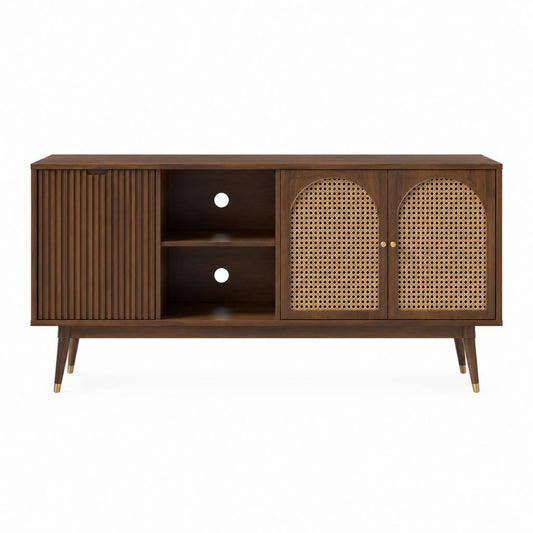 Meuble TV 160 x 40 x 75 cm marron en MDF plaqué noyer avec portes en rotin