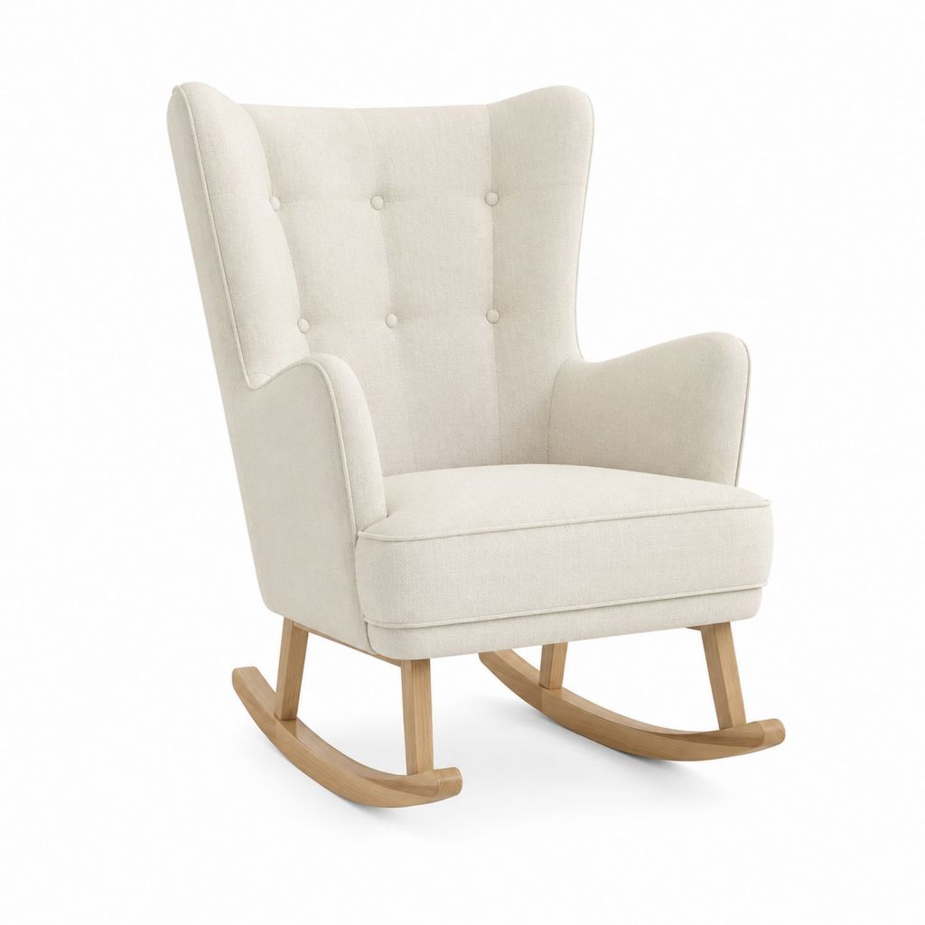 Fauteuil à bascule beige en polyester et bois massif d'hévéa à dossier haut 68 x 95 x 101 cm